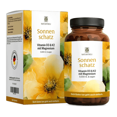 Sonnenschatz: Veganes Vitamin D3 5.000 IE mit K2 & Magnesium (5 Tage Depot)
